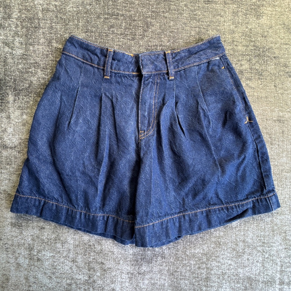 Zara Inditex Denim Shorts Womens 0 Blue Cotton High Waisted Dark Wash Pleated